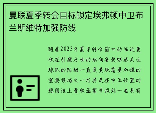 曼联夏季转会目标锁定埃弗顿中卫布兰斯维特加强防线 曼联夏季转会目标锁定埃弗顿中卫布兰斯维特加强防线